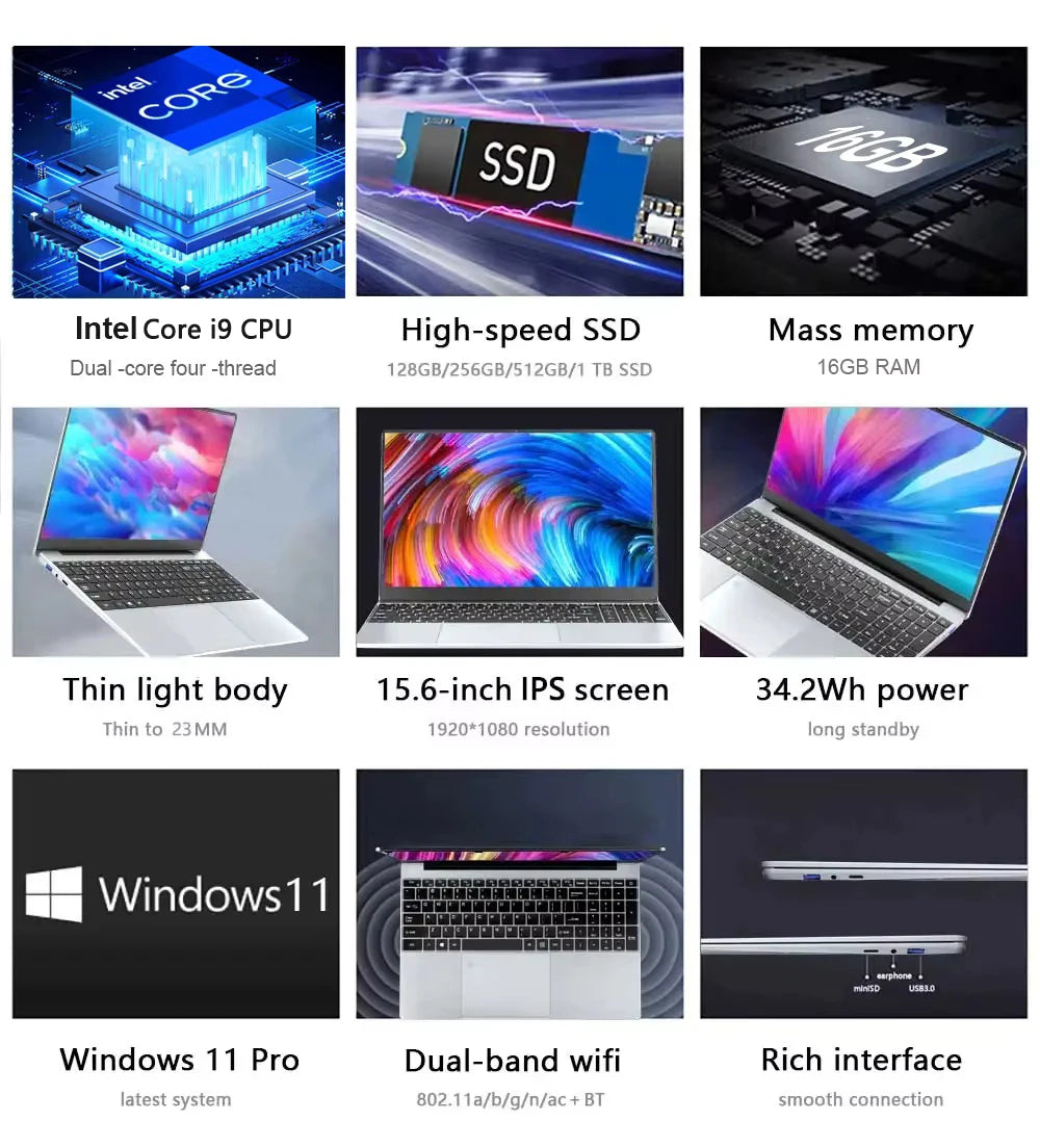 2026 15.6" Windows 11 Pro Laptop Computer Intel Core i9 10980HK 16GB 1TB Laptops Office Computer Fingerprint Unlock Notebook PC