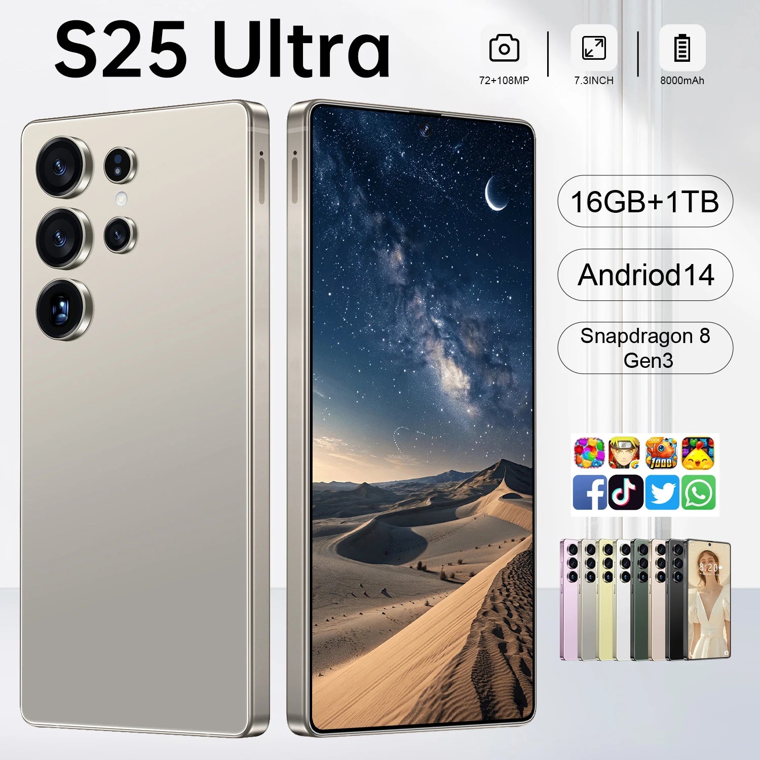 Global Version S25 Ultra 5G Smartphone Android 16 16GB+1TB 7.3 Inch 72+108MP HD Beauty Camera Unlocked Gaming Mobile Phone