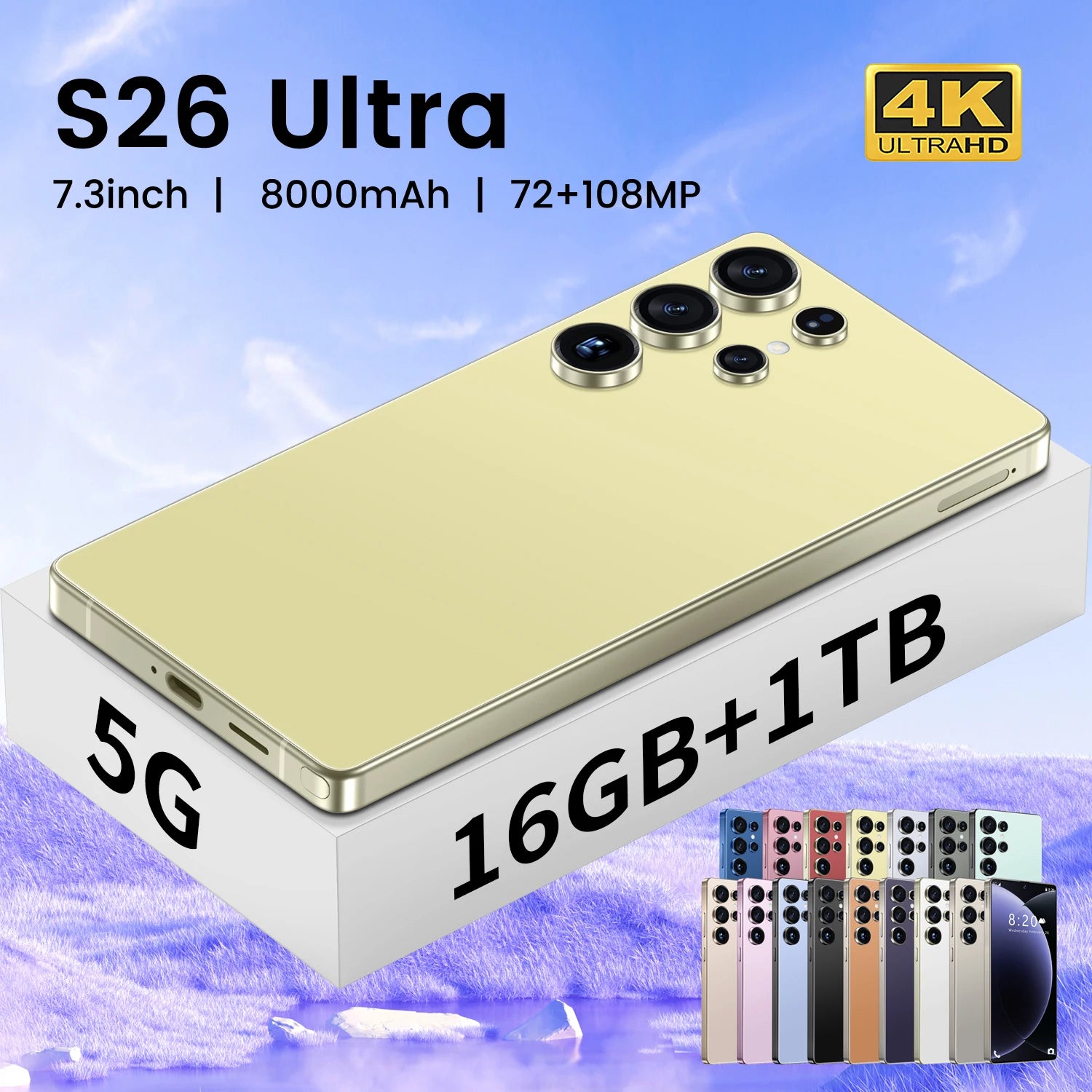Brand New Unlocked 5G S26 Ultra 5G Smartphone 16GB+1TB 7.3 Inch HD 72+108MP Beauty Camera Android 14 Dual Card CDMA Gaming Phone