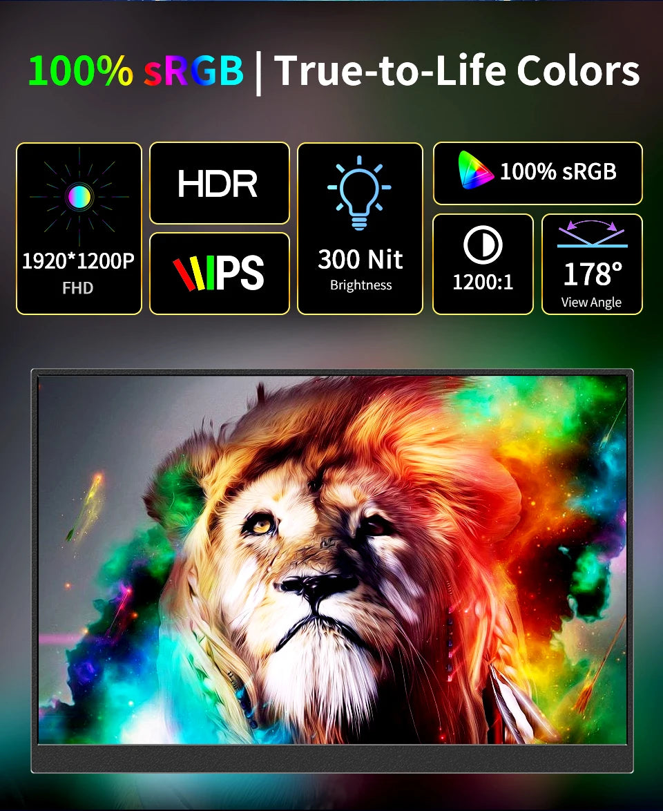 16" Portable Monitor 1200P IPS 100%sRGB 300Cd/m² Comes with dual speakers Travel Gaming Display for Laptop Switch ps4 ps5 Xbox