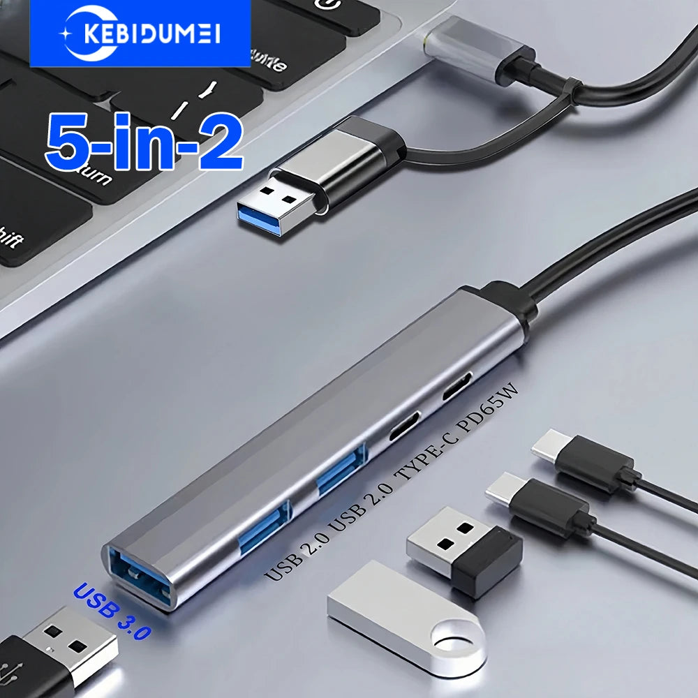 KEBIDUMEI 5-IN-2 USB C 3.0 HUB Type C to USB HUB PD 65W USB Splitter Adapter OTG 5Gbps Transmission For PC Laptop Macbook Pro