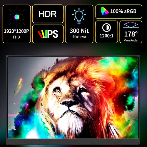 16" Portable Monitor 1200P IPS 100%sRGB 300Cd/m² Comes with dual speakers Travel Gaming Display for Laptop Switch ps4 ps5 Xbox