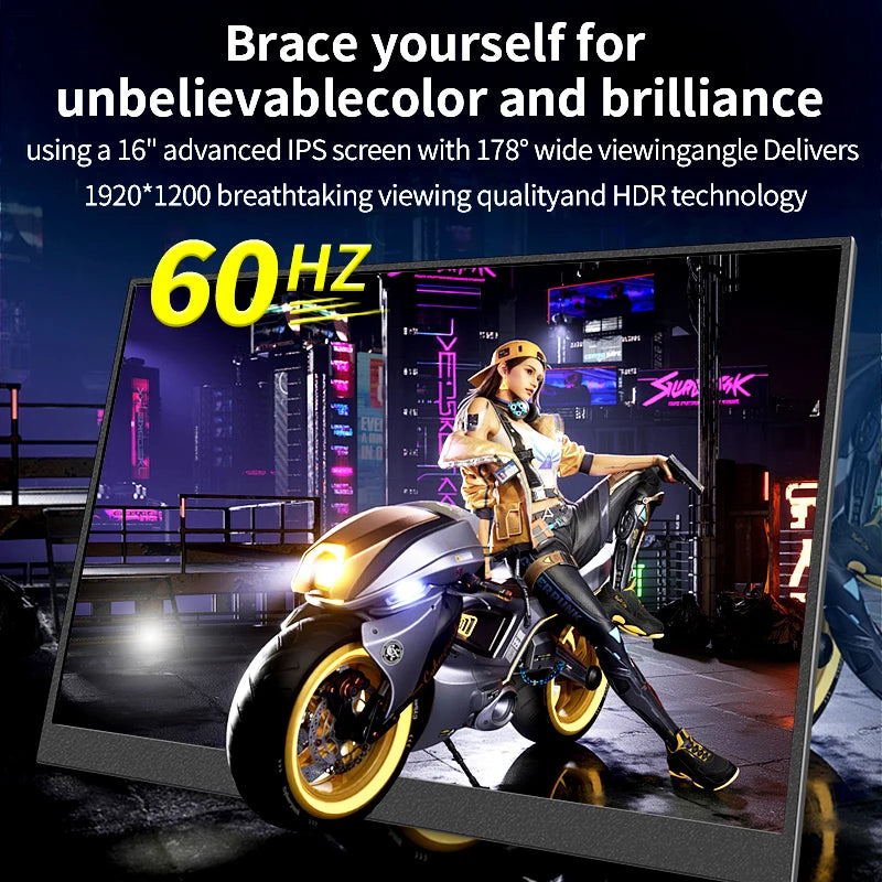 16" Portable Monitor 1200P IPS 100%sRGB 300Cd/m² Comes with dual speakers Travel Gaming Display for Laptop Switch ps4 ps5 Xbox