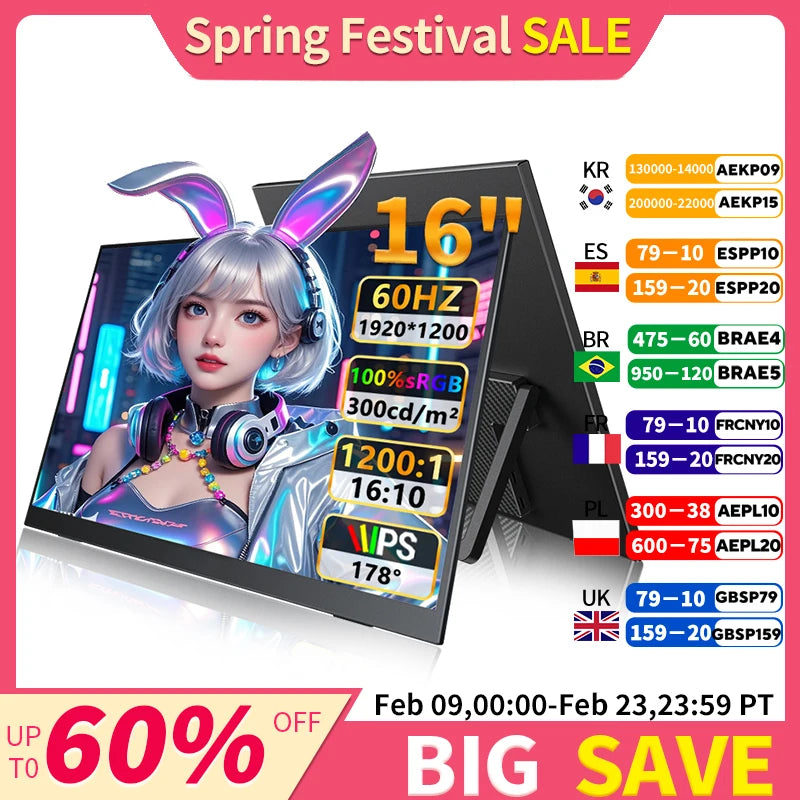 16" Portable Monitor 1200P IPS 100%sRGB 300Cd/m² Comes with dual speakers Travel Gaming Display for Laptop Switch ps4 ps5 Xbox