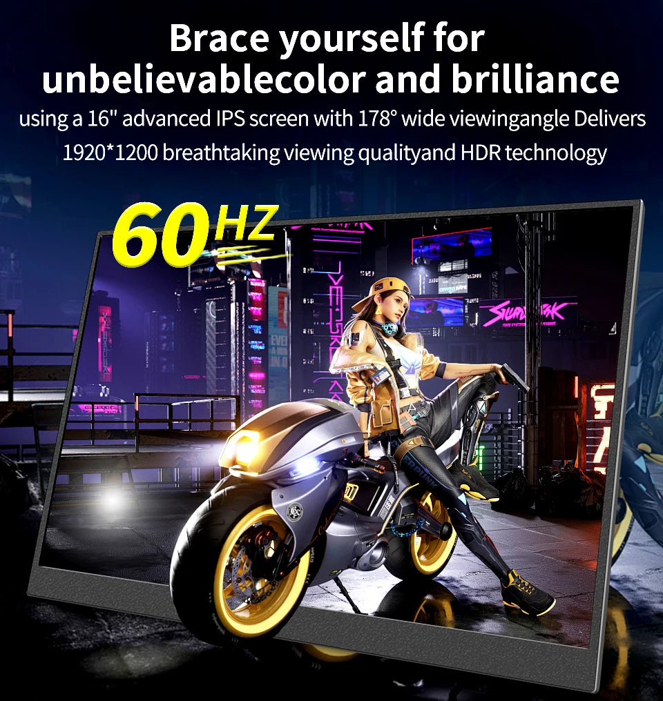 16" Portable Monitor 1200P IPS 100%sRGB 300Cd/m² Comes with dual speakers Travel Gaming Display for Laptop Switch ps4 ps5 Xbox